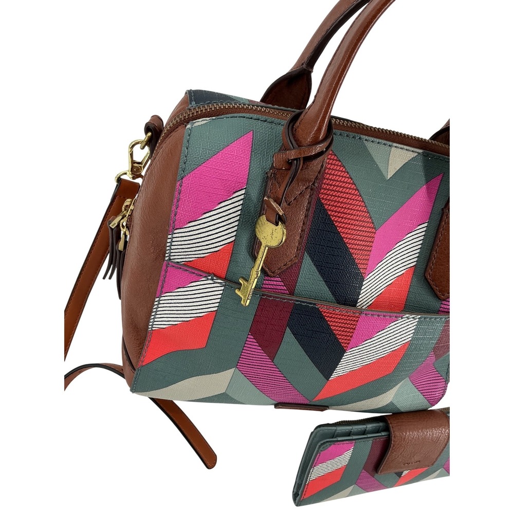 Fossil Geometric Print Satchel Crossbody Bag‎ and Wallet Set Brown Leather Trim - Picture 12 of 14
